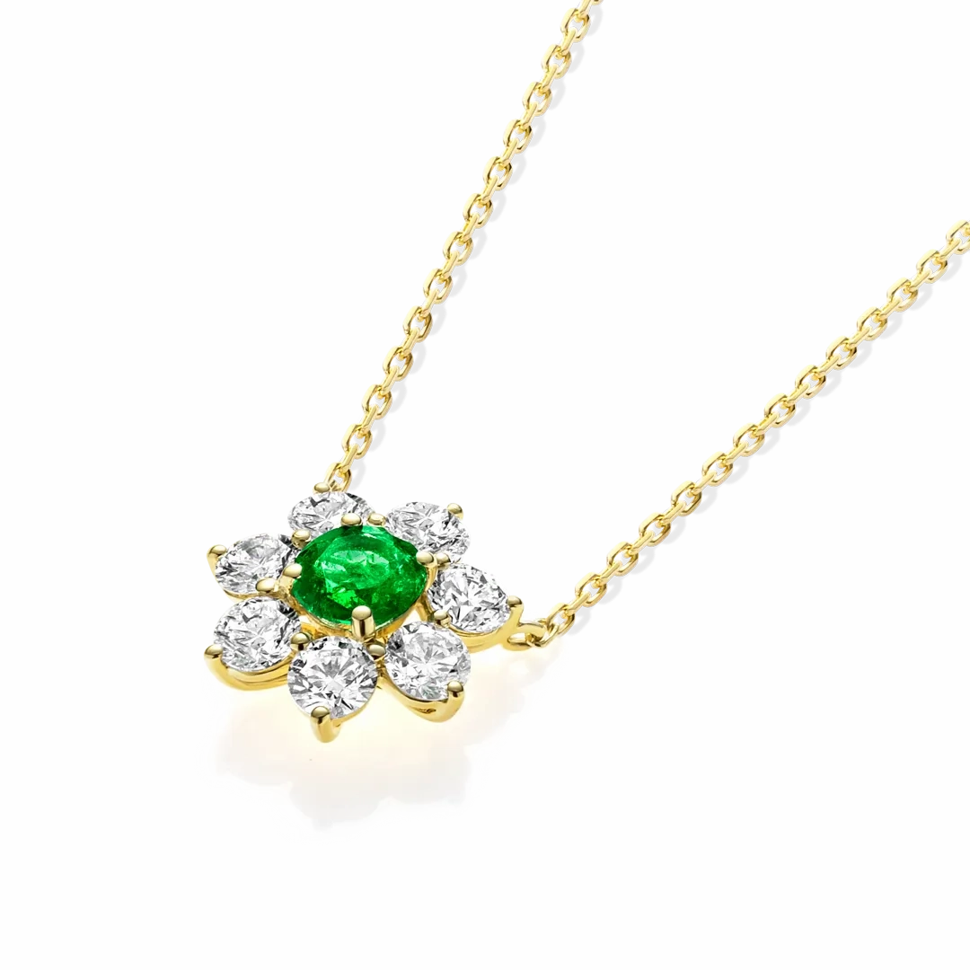 0.3CT ROUND EMERALD HALO PENDANT YELLOW GOLD