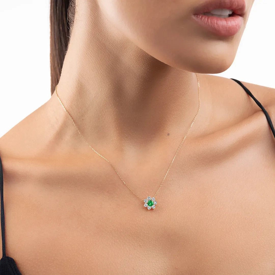 0.3CT ROUND EMERALD HALO PENDANT YELLOW GOLD