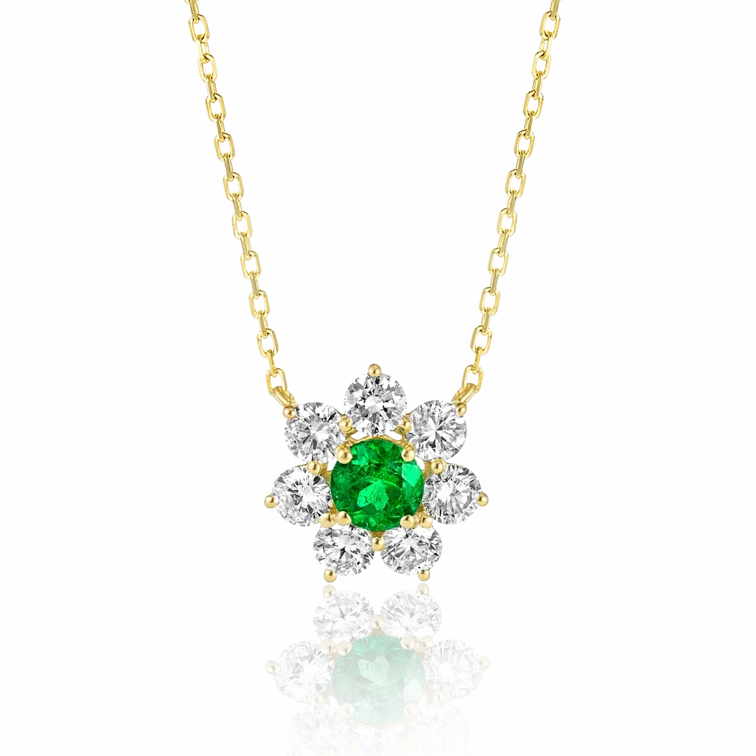 0.3CT ROUND EMERALD HALO PENDANT YELLOW GOLD