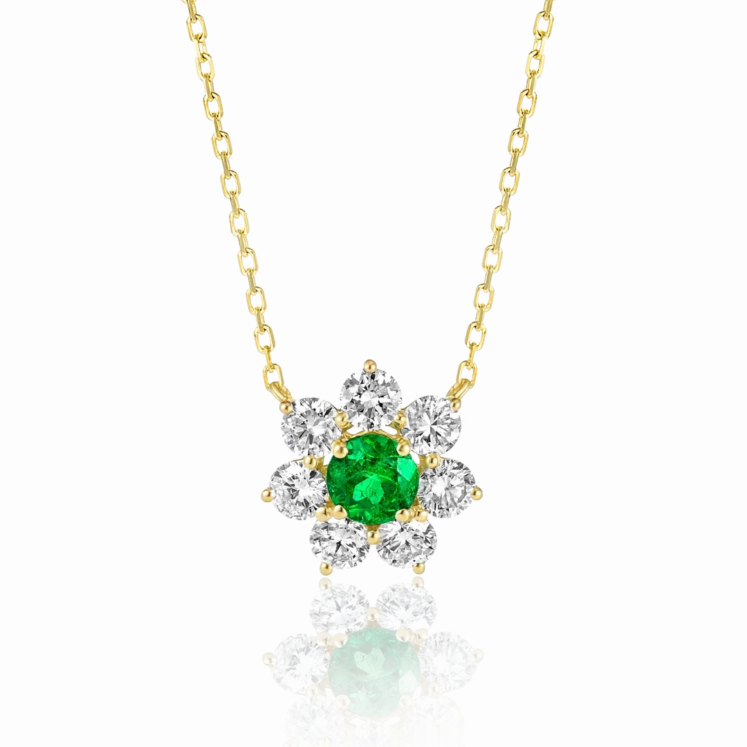 0.3CT ROUND EMERALD HALO PENDANT YELLOW GOLD