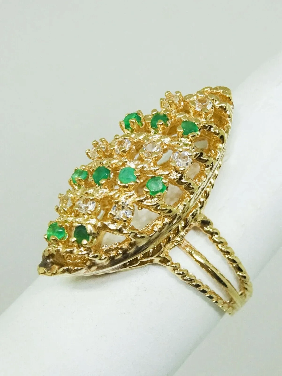 0.54ct tw Natural Emerald &amp; Diamond Navette Setting Gold Ring 14k Gold Size 6