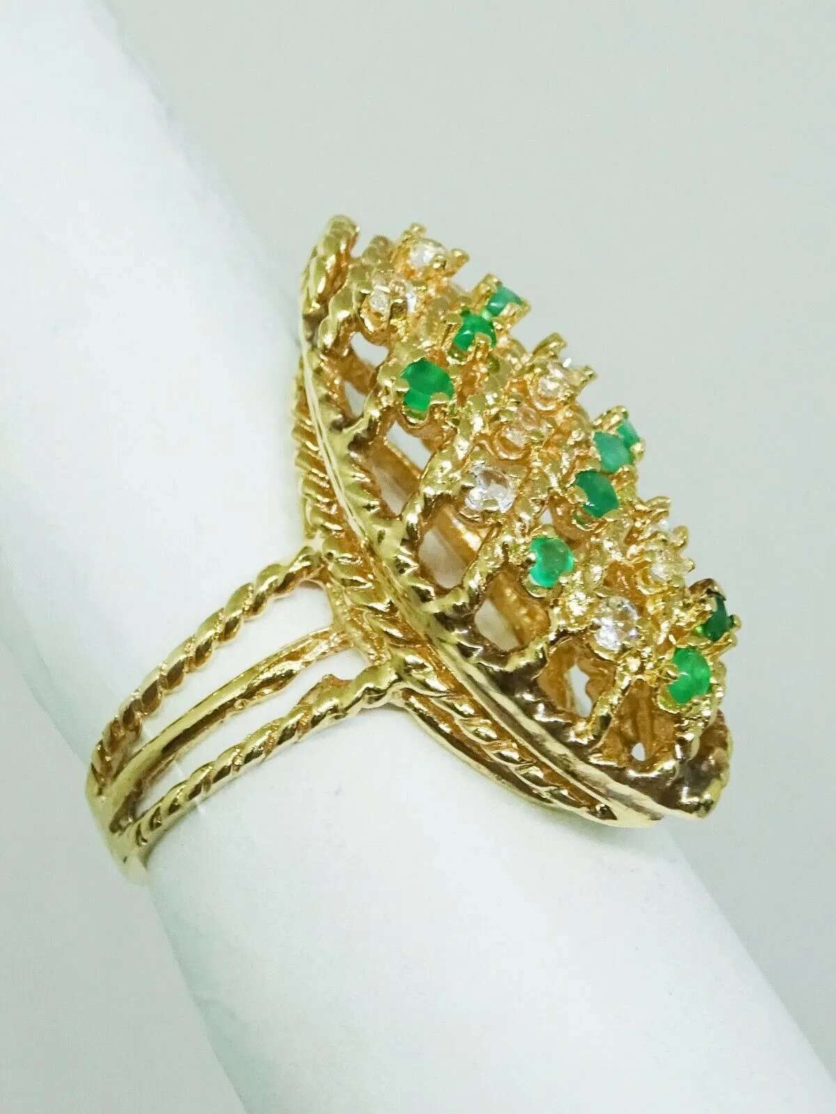 0.54ct tw Natural Emerald &amp; Diamond Navette Setting Gold Ring 14k Gold Size 6