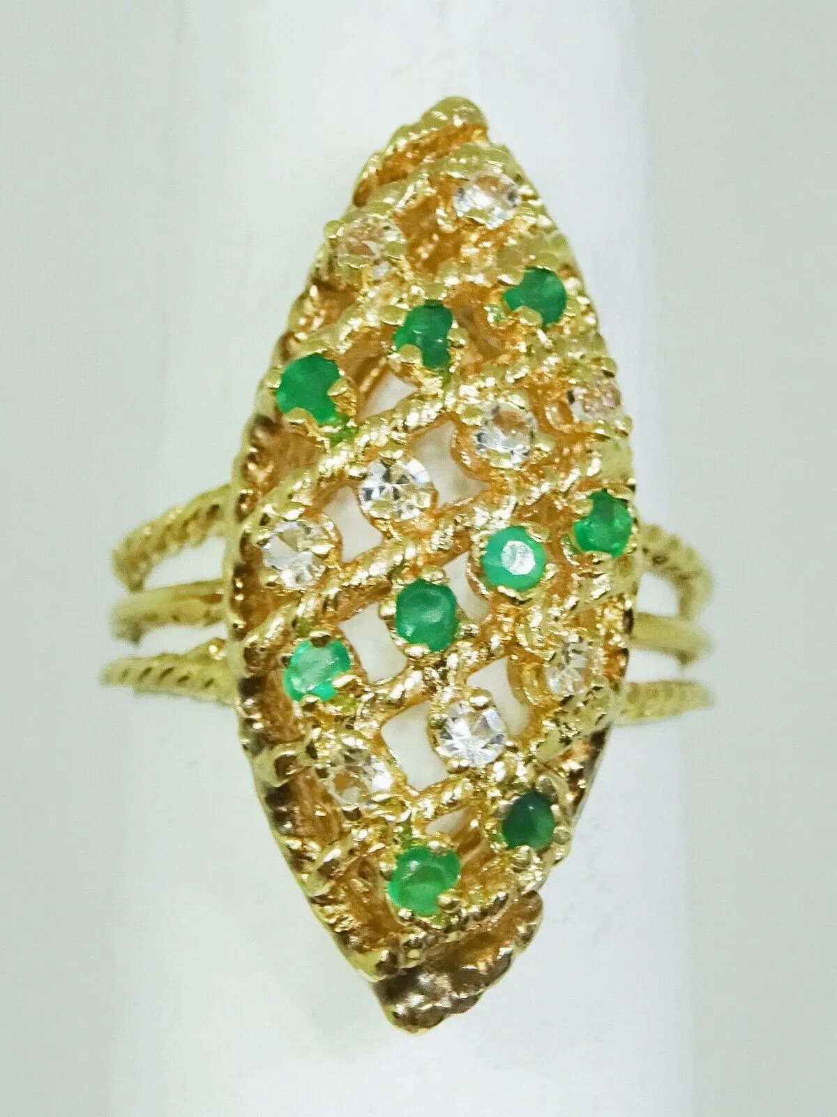 0.54ct tw Natural Emerald &amp; Diamond Navette Setting Gold Ring 14k Gold Size 6