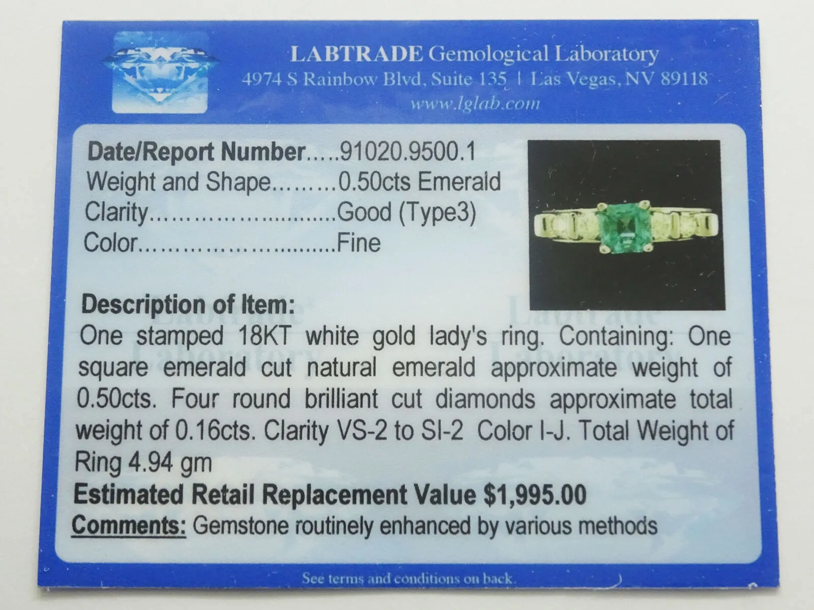 0.66ct tw Square Natural Emerald &amp; Diamond Ring 18k White Gold Size 4.75
