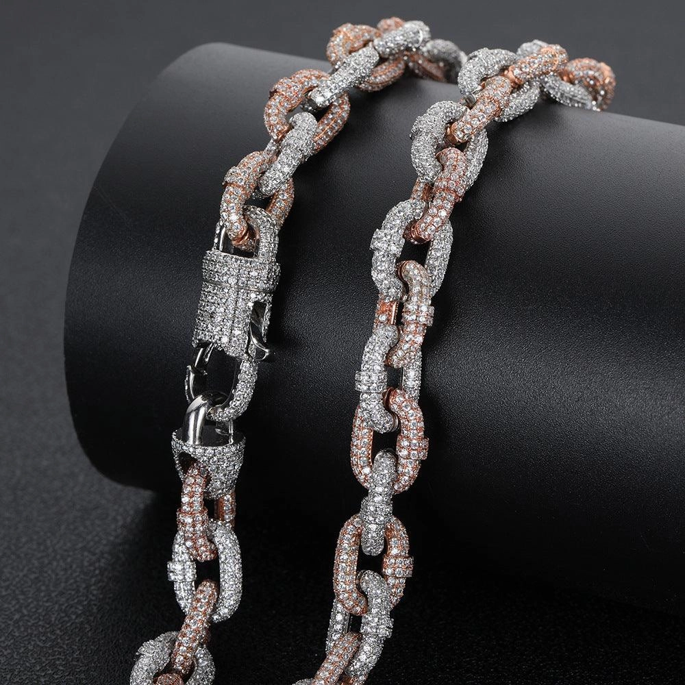 10mm Two-tone Copper Micro Inlaid Zircon Cuban Link Chain Necklace