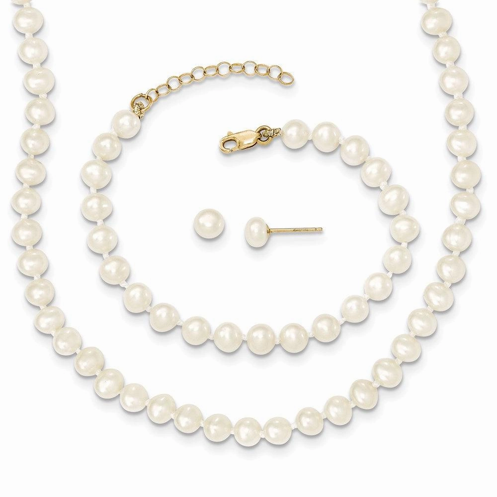 14k 4-5mm FW Cultured Pearl 5 w/1 ext Bracelet 14 w/1 ext Neck Earring Set suit-set  