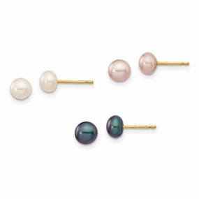 14K 5-6mm Button Freshwater Cultured Pearl Boxed 3 pair Post Earrings Set suit-set  