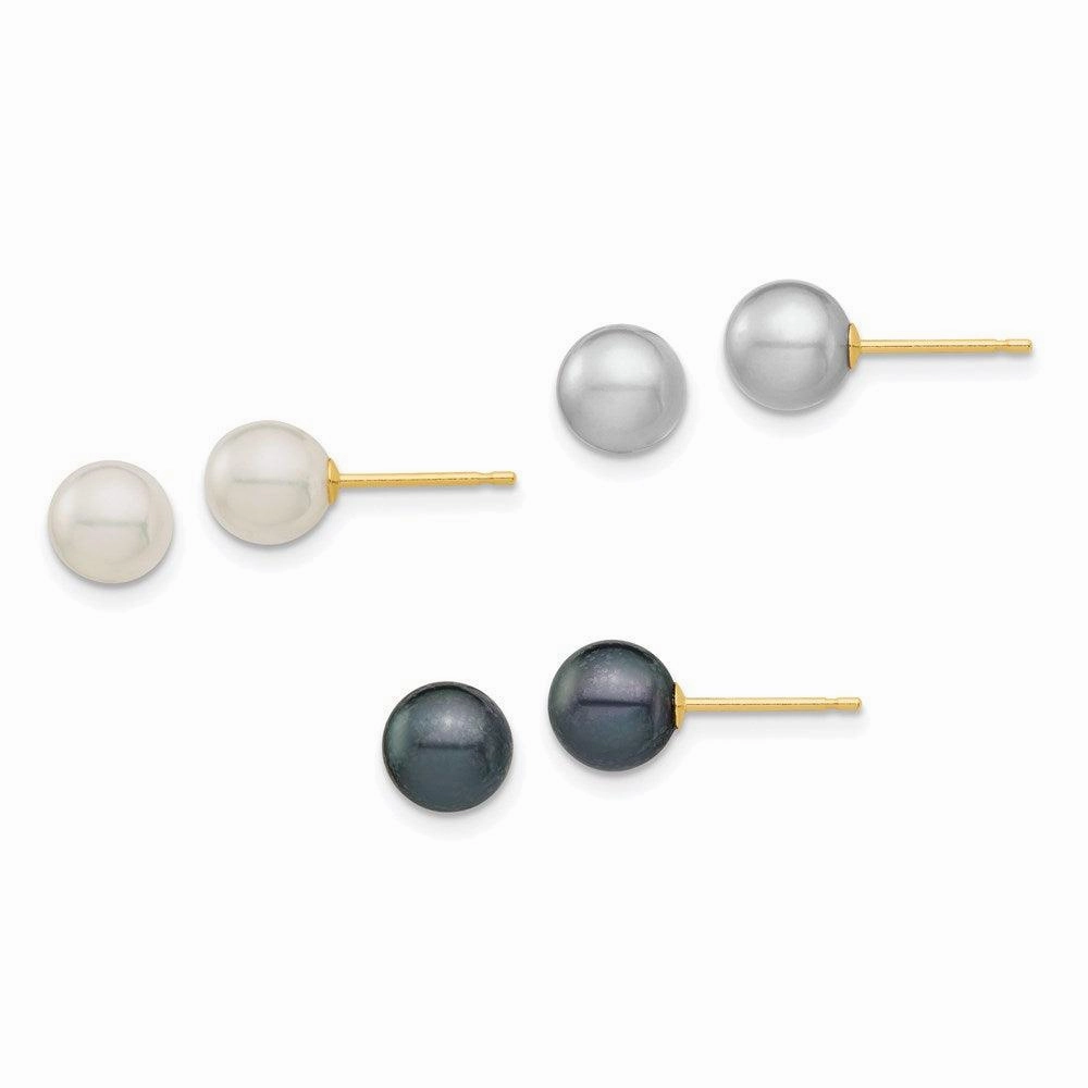 14k 6-6.5mm White/Grey/Black Round FWC Pearl 3 pair Stud Post Earrings Set suit-set  