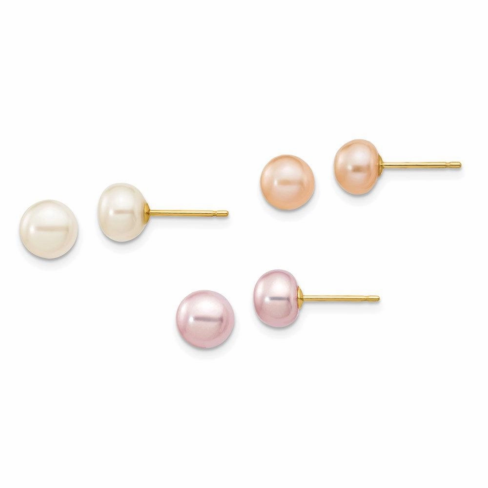 14k 6-7mm Button Freshwater Cultured Pearl Boxed 3 pair Post Earrings Set suit-set  