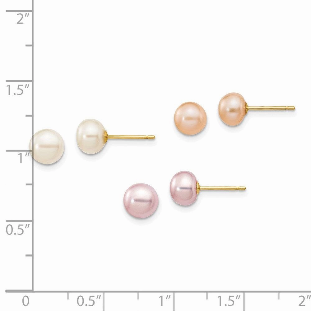 14k 6-7mm Button Freshwater Cultured Pearl Boxed 3 pair Post Earrings Set