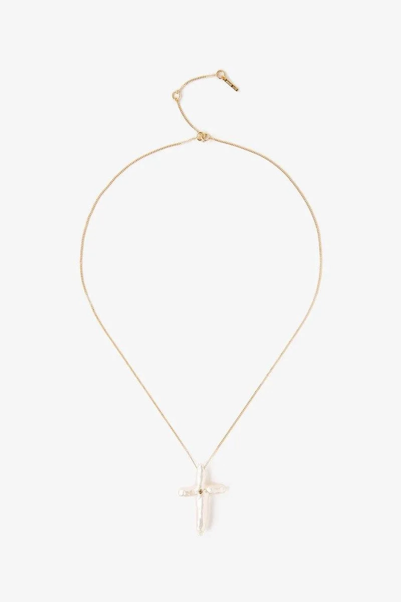 14k White Baroque Pearl Cross and Champagne Diamond Necklace