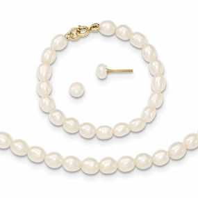 14k White FW Cultured Pearl 12 Necklace, 4 Bracelet & Earring Set suit-set  