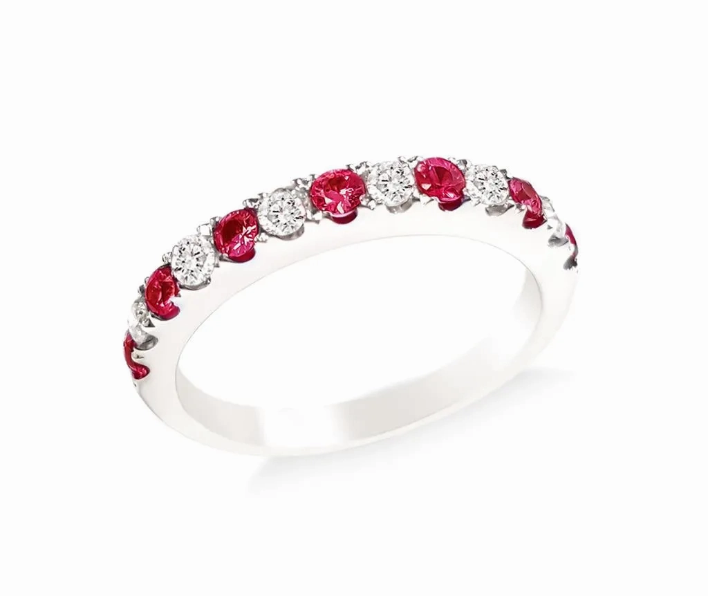 14K White Gold Alternating Diamond And Ruby Band