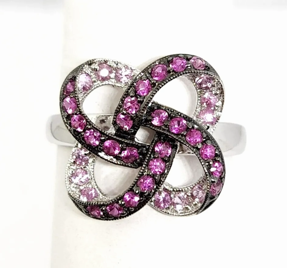 14k White Gold Pink Natural Stone Crisscross Ring, Size 10.25