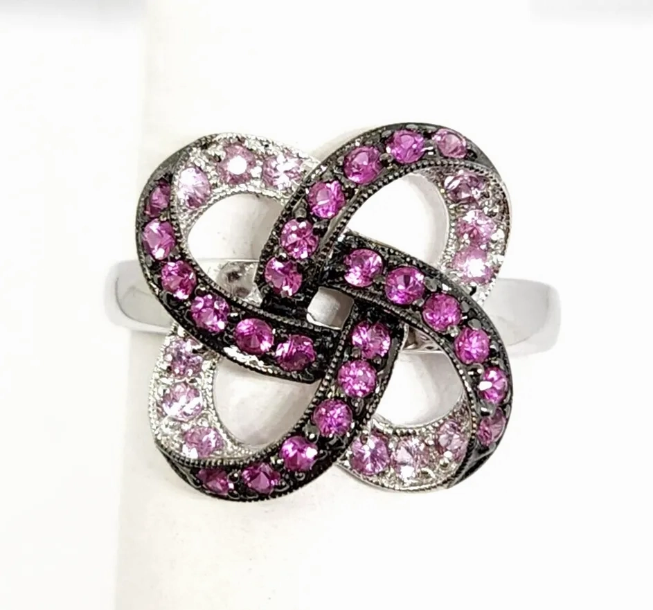 14k White Gold Pink Natural Stone Crisscross Ring, Size 10.25