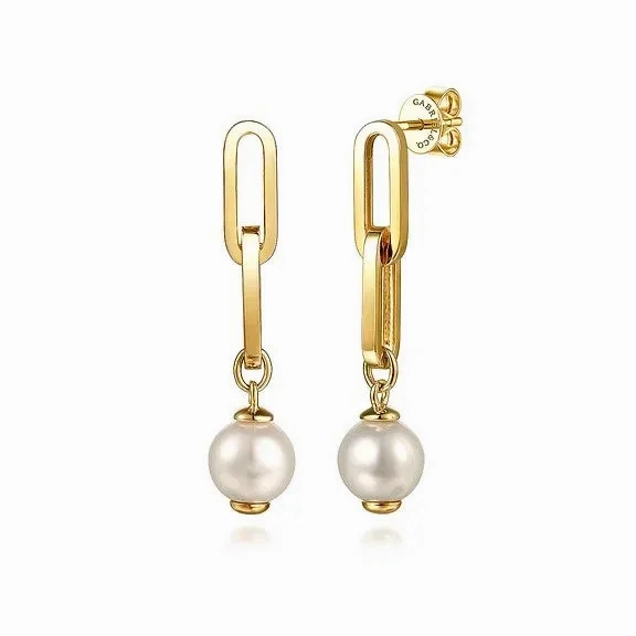 14K Yellow Gold Pearl Stud Drop Link Earrings