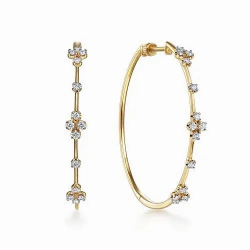 14K Yellow Gold Prong Set 40mm Round Classic Diamond Hoop Earrings