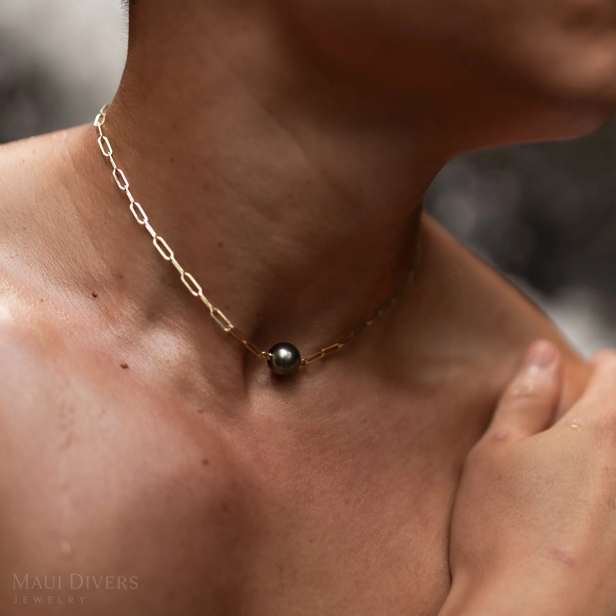 16-17&quot; Tahitian Black Pearl Paperclip Chain Necklace in Gold - 12-13mm