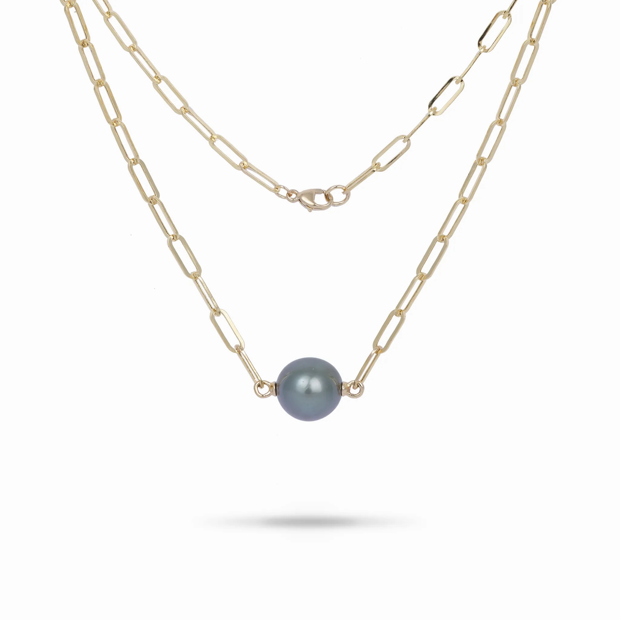 16-17&quot; Tahitian Black Pearl Paperclip Chain Necklace in Gold - 12-13mm