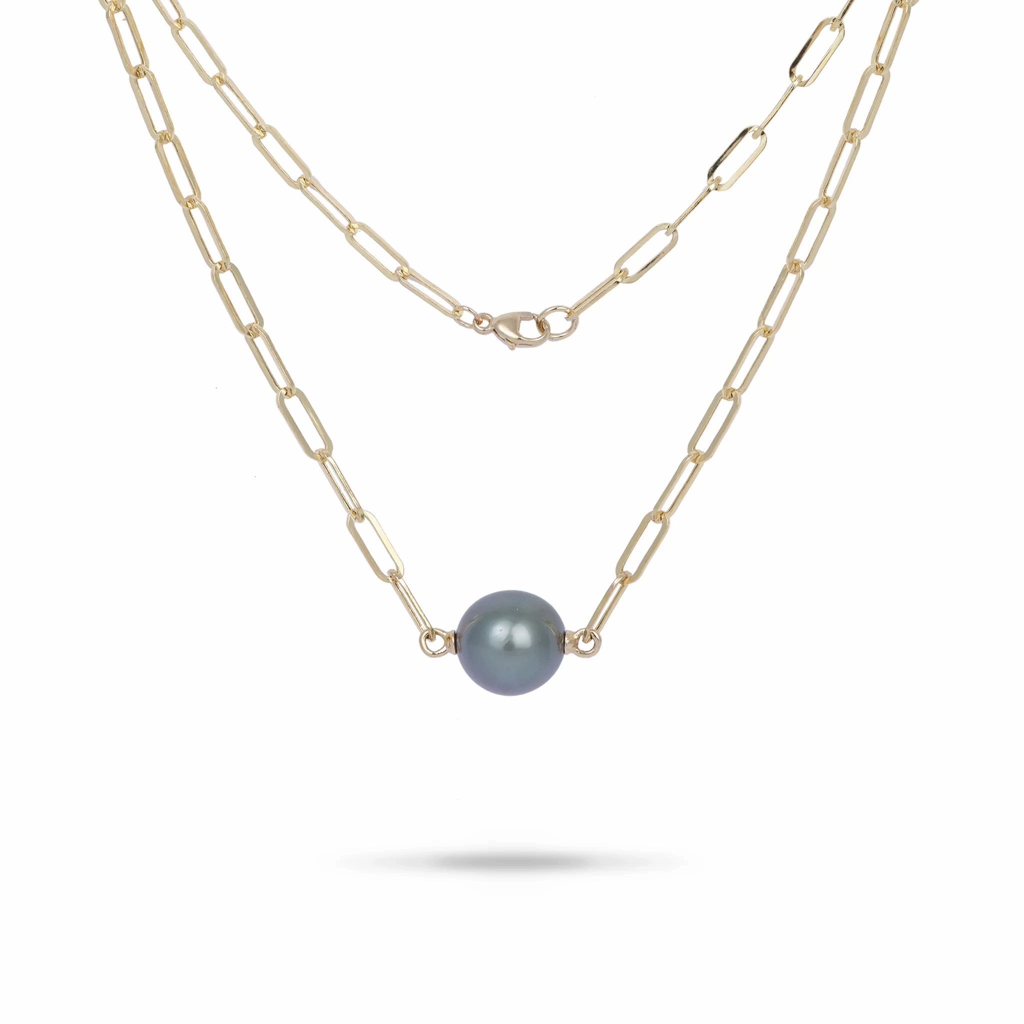 16-17&quot; Tahitian Black Pearl Paperclip Chain Necklace in Gold - 12-13mm