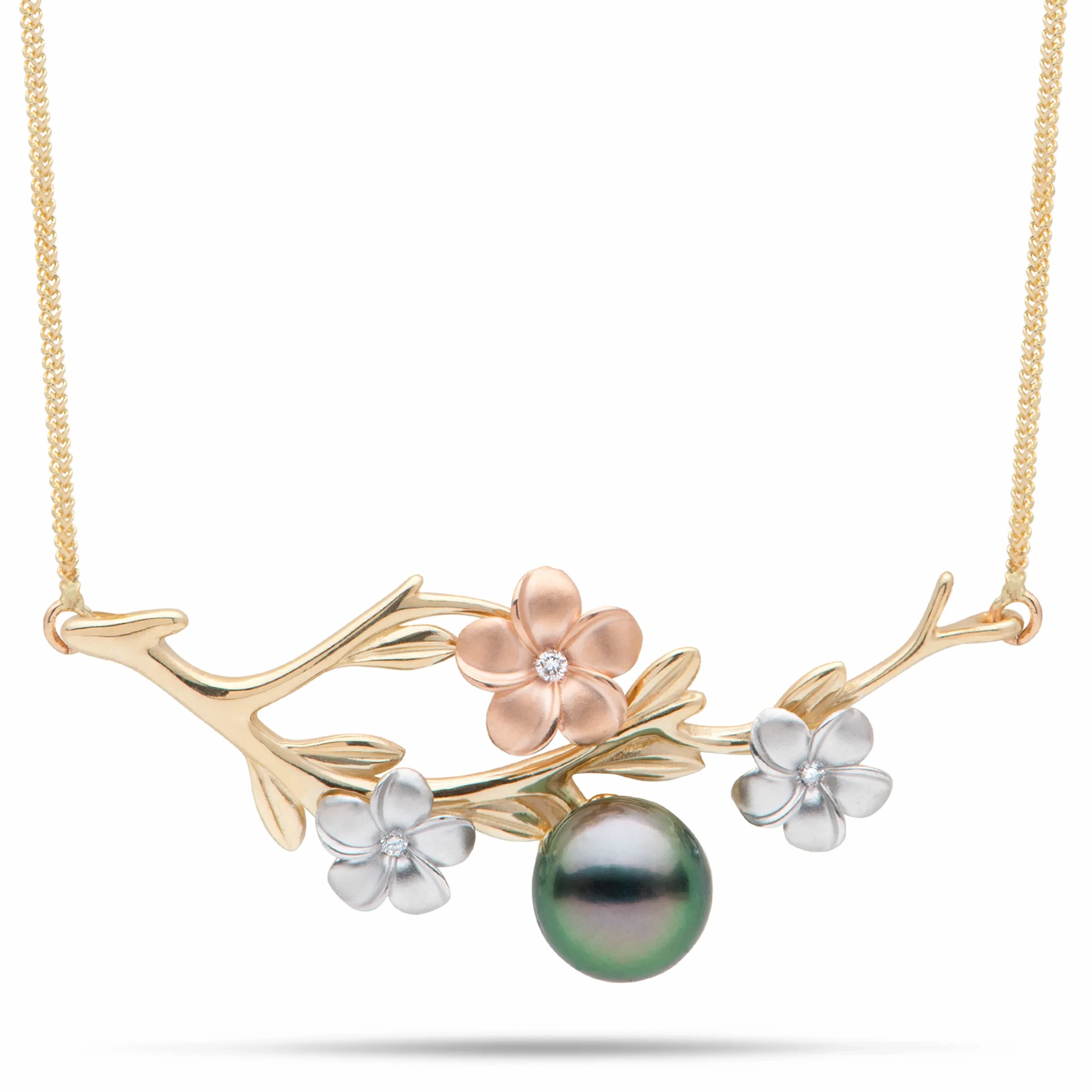 16-18&quot; Adjustable Pearls in Bloom Plumeria Tahitian Black Pearl Necklace in Tri Color Gold with Diamonds - 48mm