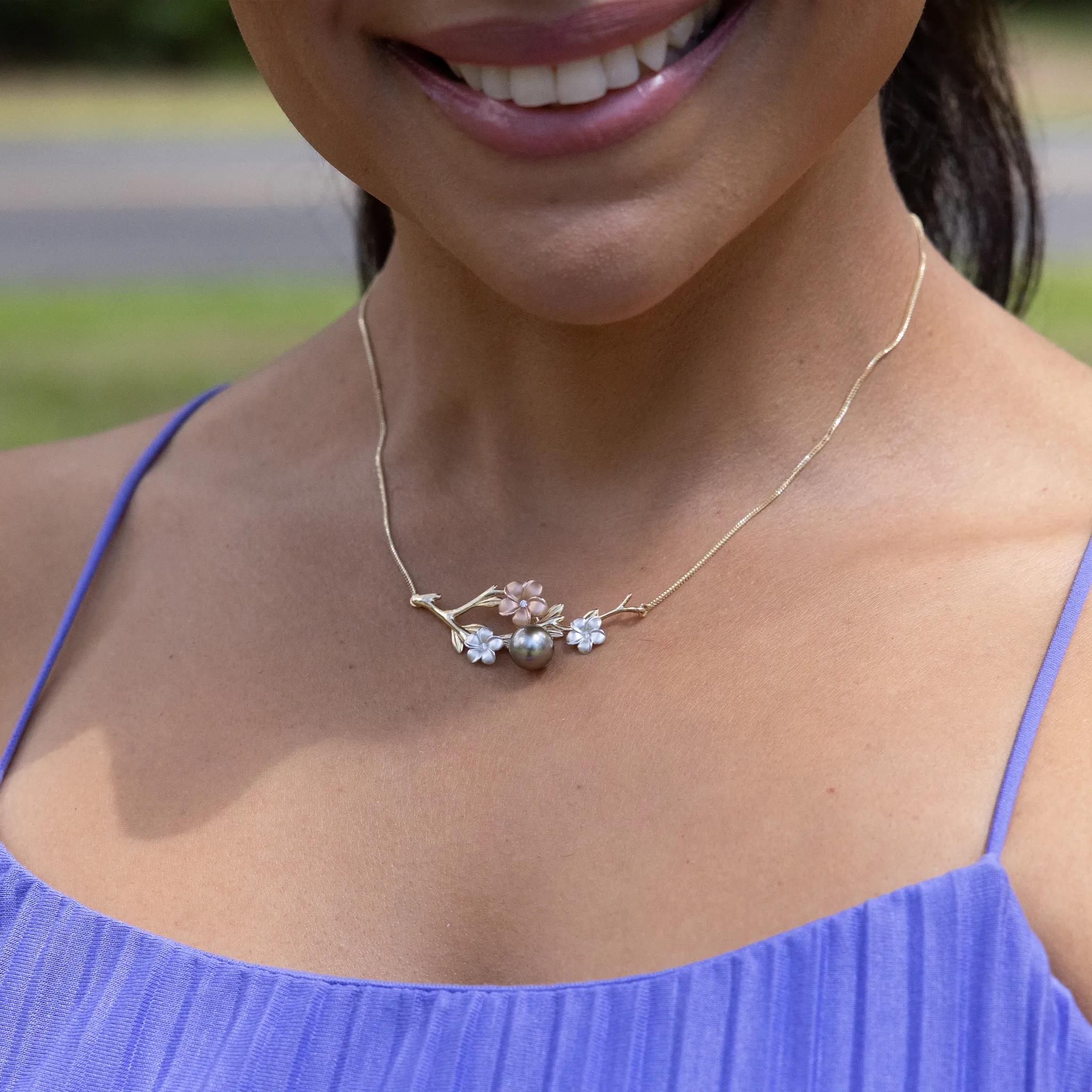 16-18&quot; Adjustable Pearls in Bloom Plumeria Tahitian Black Pearl Necklace in Tri Color Gold with Diamonds - 48mm