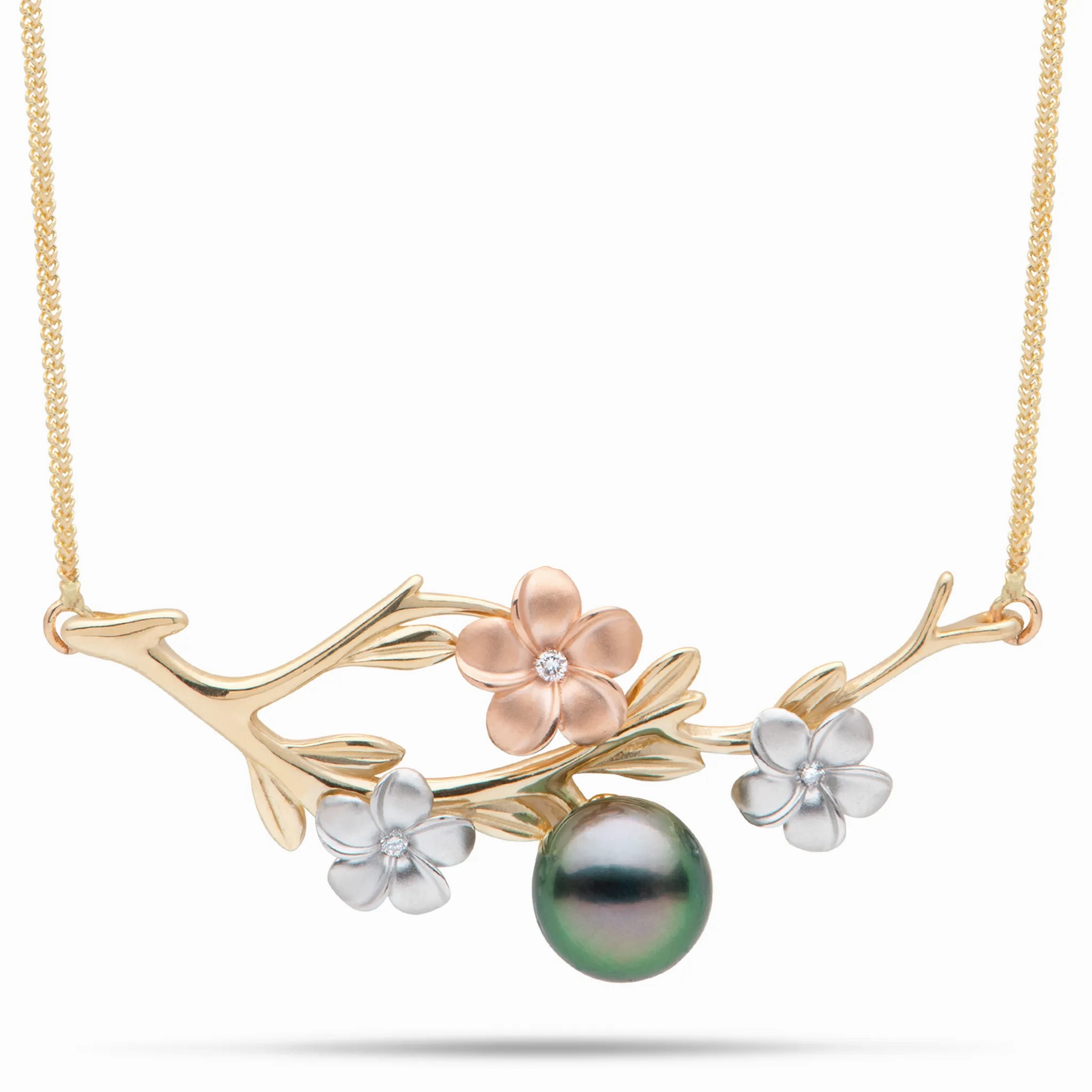 16-18&quot; Adjustable Pearls in Bloom Plumeria Tahitian Black Pearl Necklace in Tri Color Gold with Diamonds - 48mm