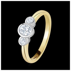 18ct Gold yellow and white gold rubover set oval cut Diamond and round brilliant cut Diamond 3 stone texture-diamond  