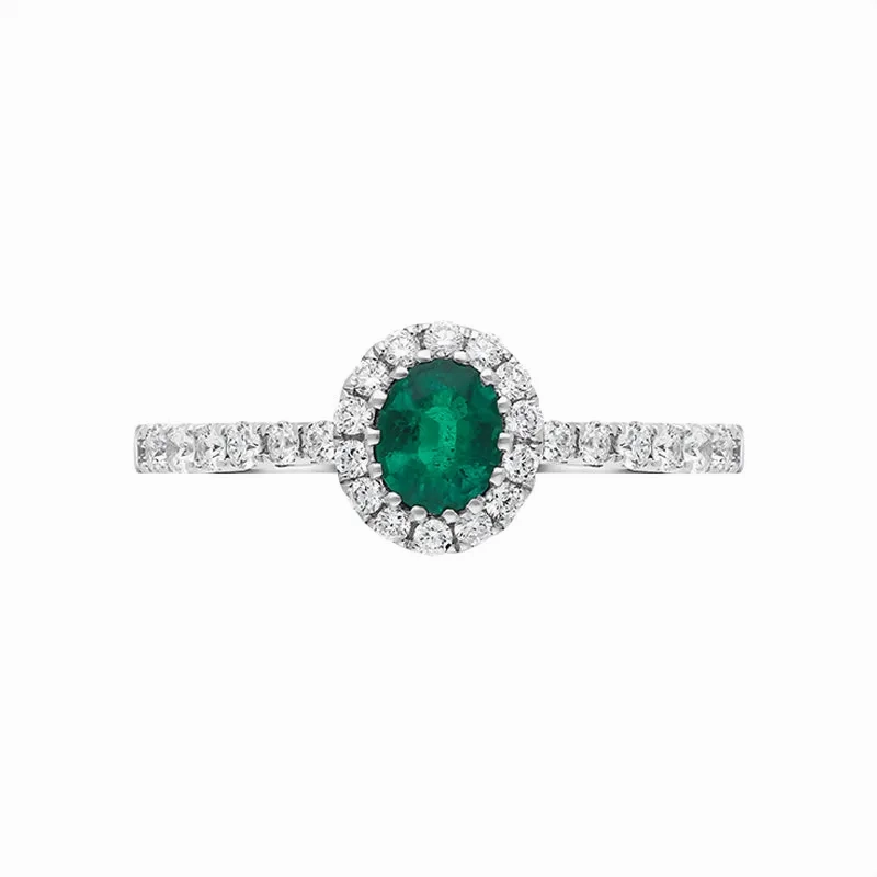 18ct White Gold 0.40ct Emerald Diamond Shoulder Set Halo Ring