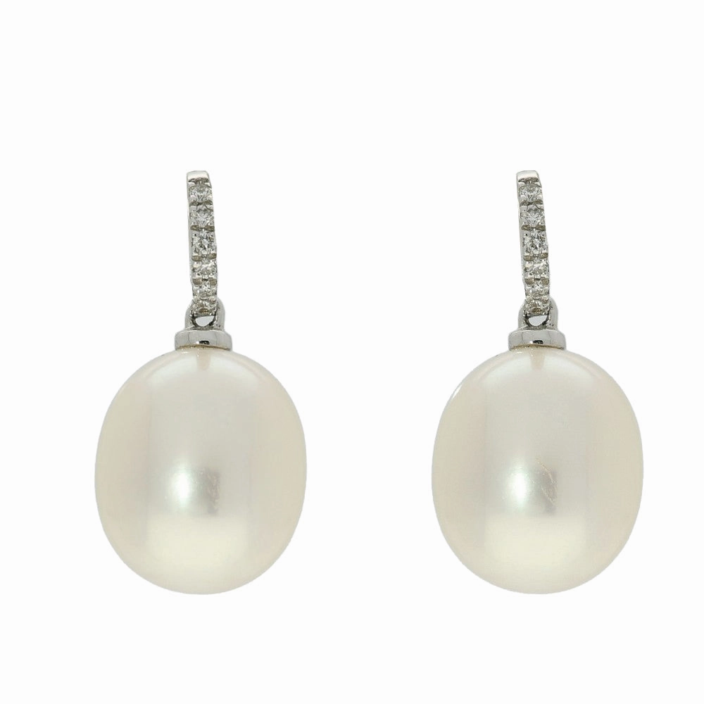 18ct White Gold 10mm Freshwater Pearl & Diamond Drop Earrings