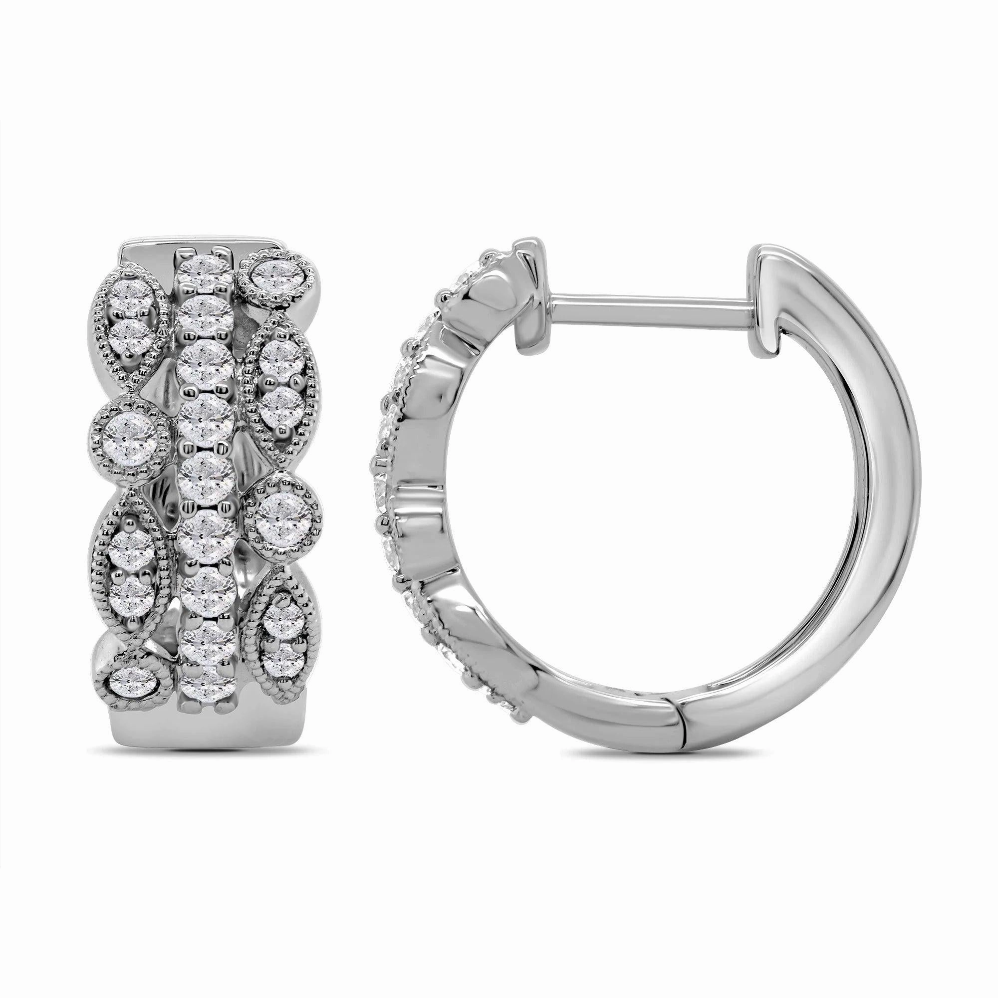 18ct white gold 3 row Diamond hoop earrings texture-diamond  