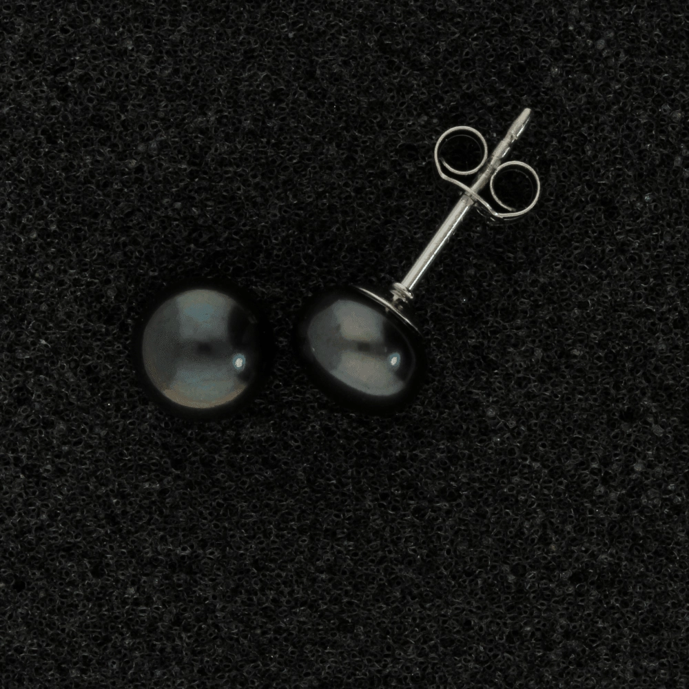 18ct White Gold 7-7.5mm Black Fresh Water Pearl Earrings