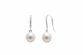 18ct White Gold 8mm Round Cultured Freshwater Pearls and Diamond Drop Earrings texture-pearl  