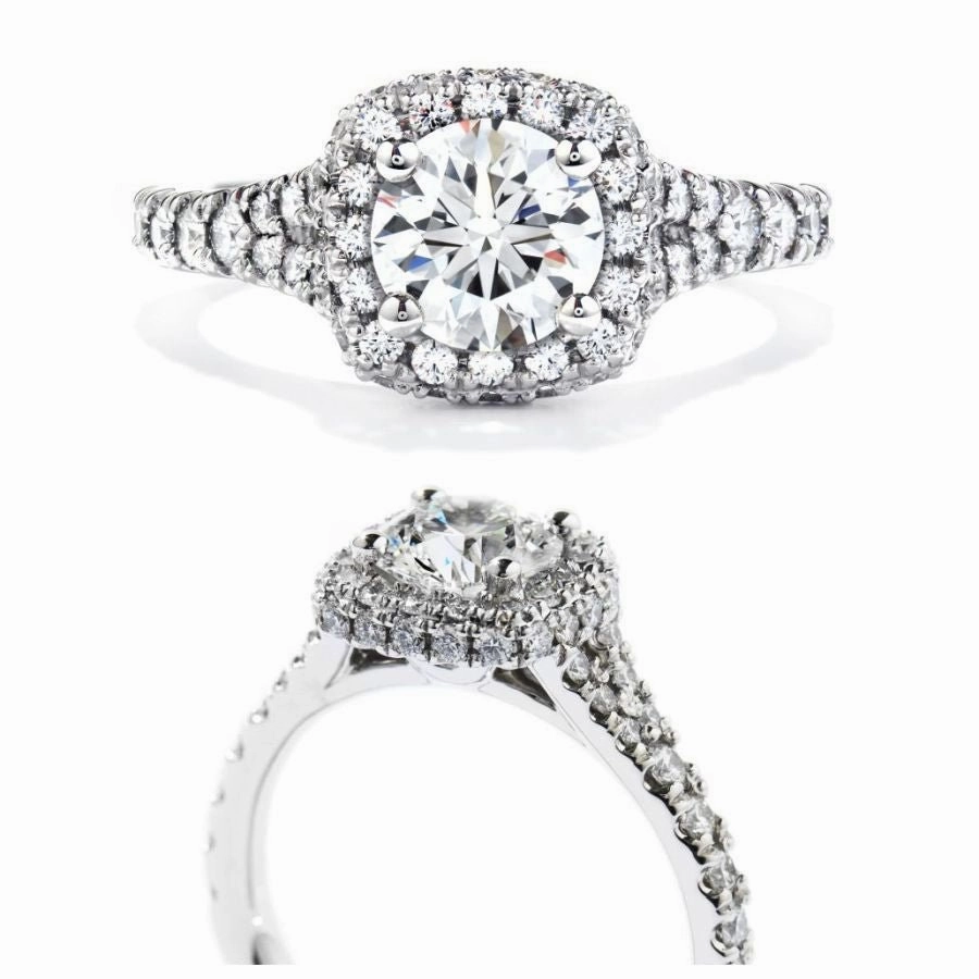 18ct White Gold Acclaim Round Brilliant Cut Diamond Cushion Halo Cluster Ring with Diamond Shoulders texture-diamond  