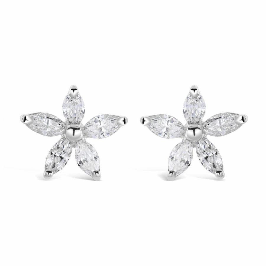18ct White Gold Marquise Cut Diamond Flower Stud Earrings texture-diamond  