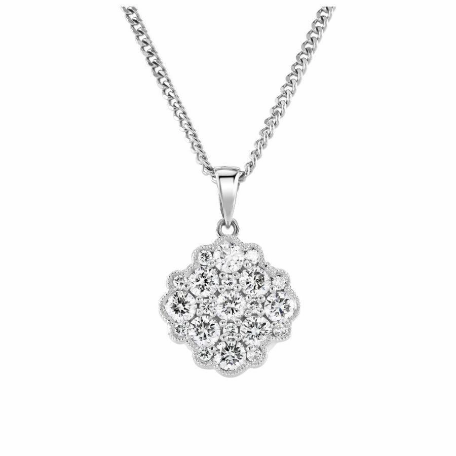 18ct White Gold Millegrain Set 9-Round Brilliant Cut Diamond Cluster Pendant & Chain texture-diamond  