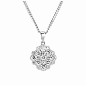 18ct White Gold Millegrain Set 9-Round Brilliant Cut Diamond Cluster Pendant & Chain texture-diamond  