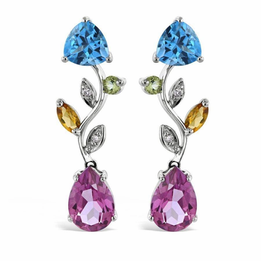 18ct White Gold Multi-Gemstone & Diamond Set Drop Earrings texture-diamond  