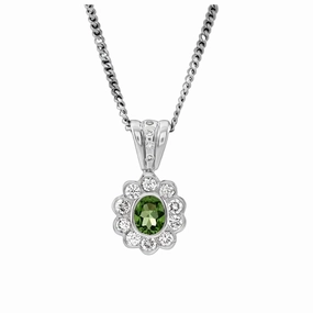 18ct White Gold Oval Cut Tsavorite & Diamond Cluster Pendant & Chain texture-diamond  