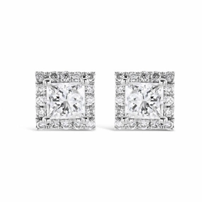 18ct White Gold Princess Cut Diamond Halo Cluster Stud Earrings texture-diamond  