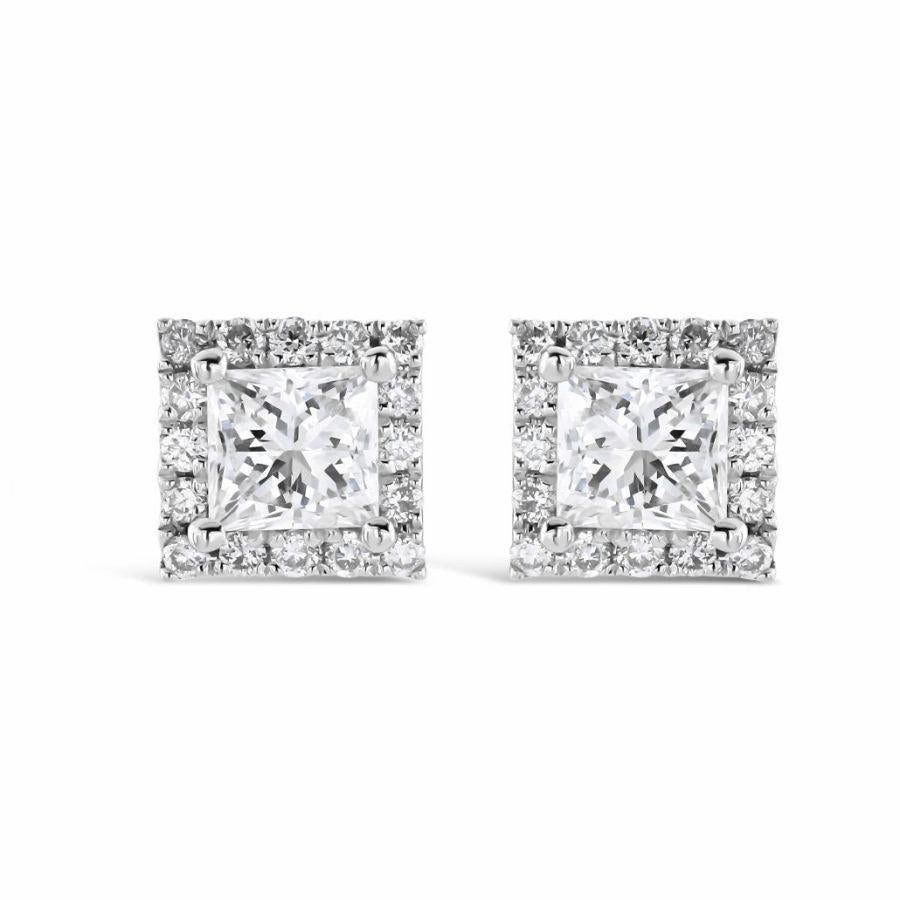 18ct White Gold Princess Cut Diamond Halo Cluster Stud Earrings texture-diamond  