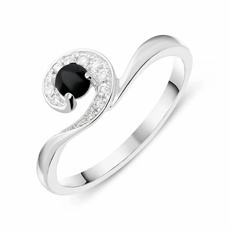 18ct White Gold Whitby Jet Diamond Stone Swirl Ring