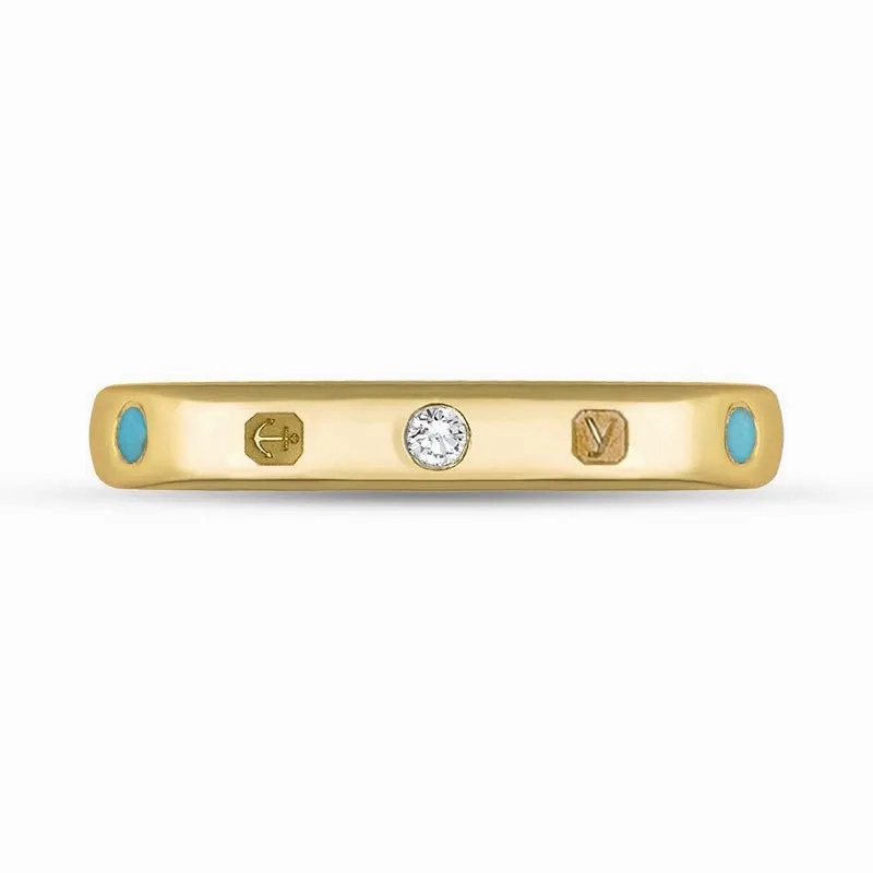 18ct Yellow Gold 0.06ct Diamond Turquoise King's Coronation Hallmark 3mm Ring D