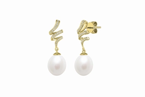18ct Yellow Gold 10mm Cultured Pearls and Diamond Drop Earrings texture-pearl  