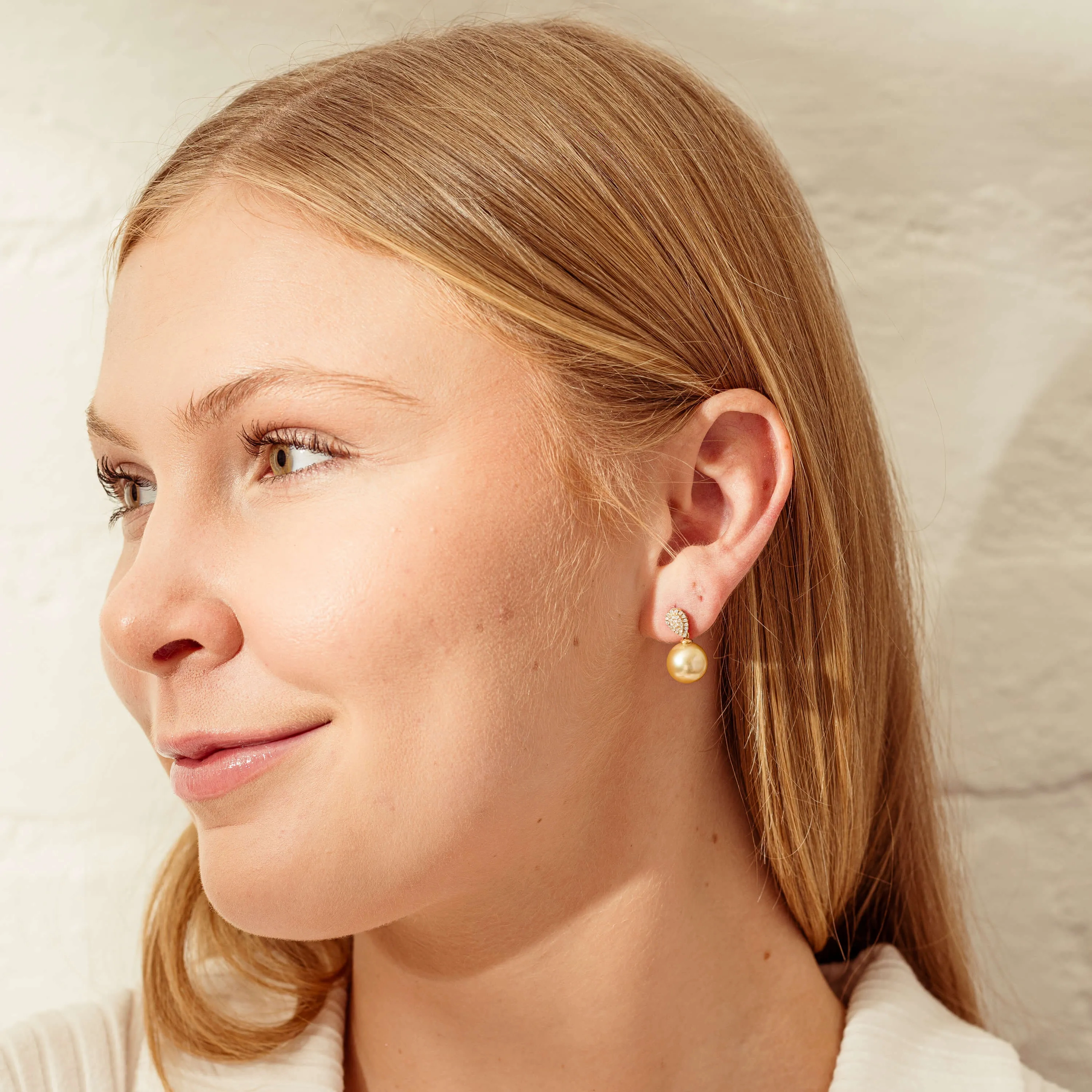 18ct Yellow Gold 10mm Golden Pearl &amp; Diamond Aegean Earrings