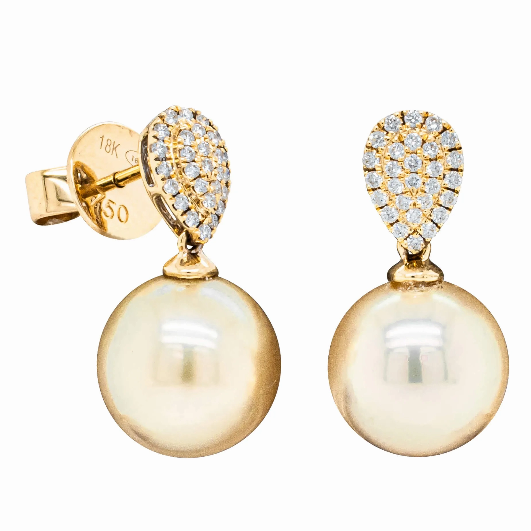 18ct Yellow Gold 10mm Golden Pearl &amp; Diamond Aegean Earrings