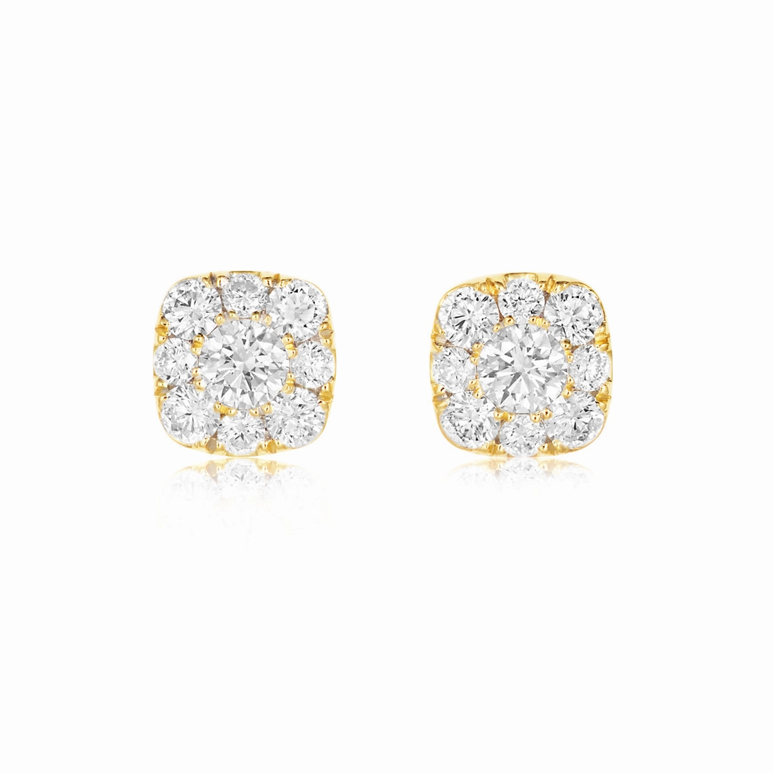18ct yellow gold cushion shaped cluster stud earrings set with brilliant cut claw set diamonds texture-diamond  