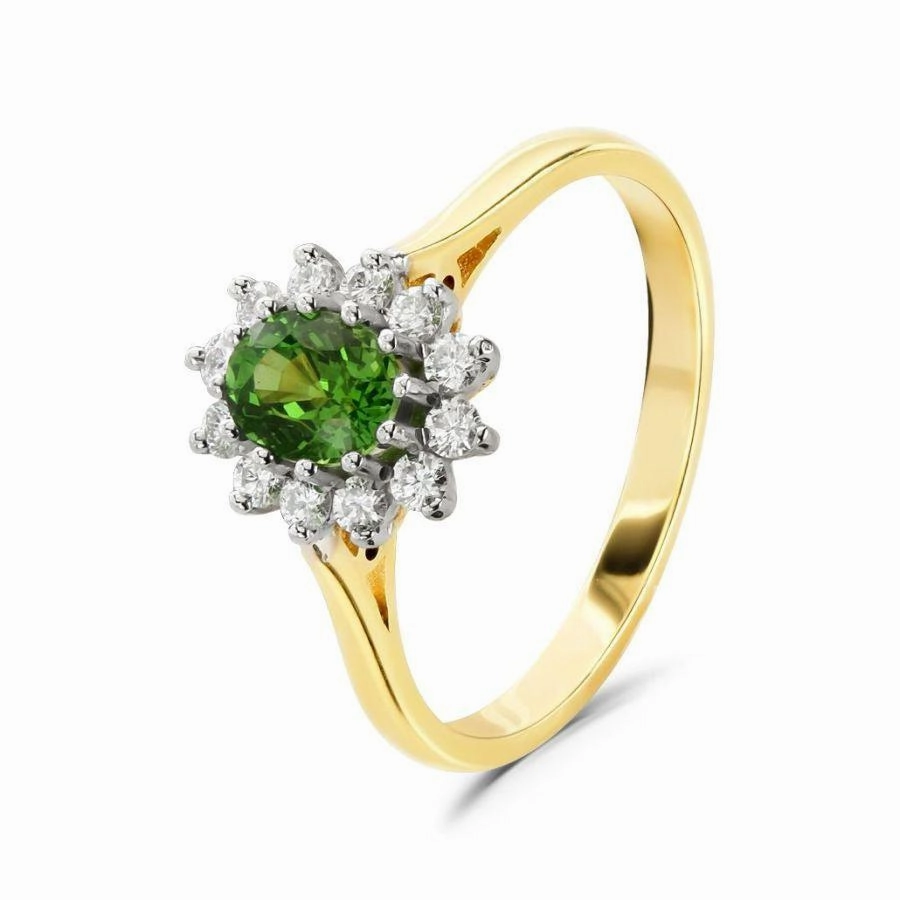 18ct Yellow Gold Oval Cut Tsavorite & Round Brilliant Cut Diamond Cluster Ring texture-diamond  