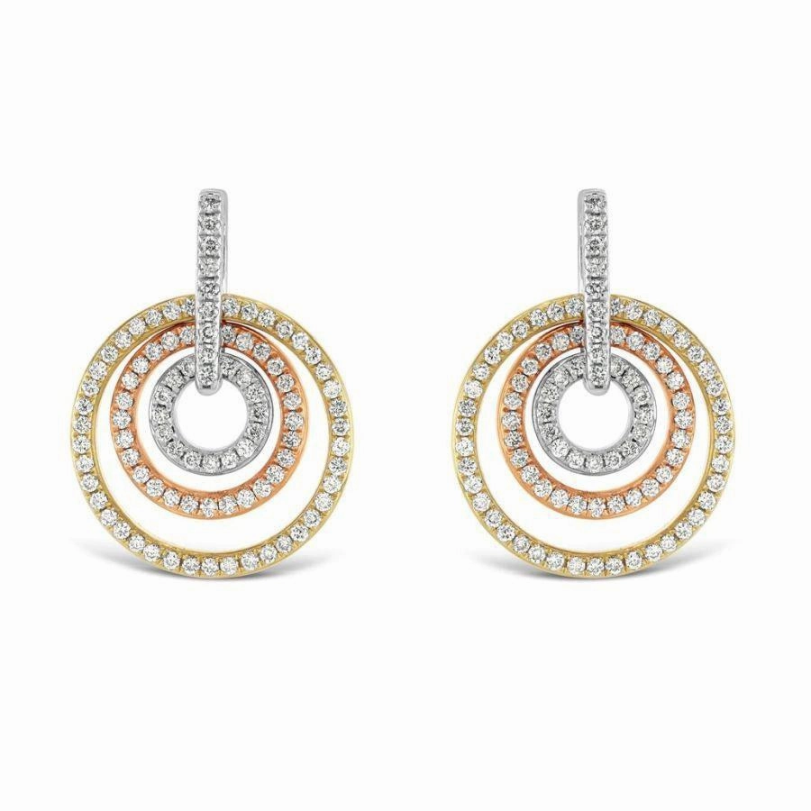 18ct Yellow, White & Rose Gold Diamond Set Concentric Circle Drop Earrings texture-diamond  