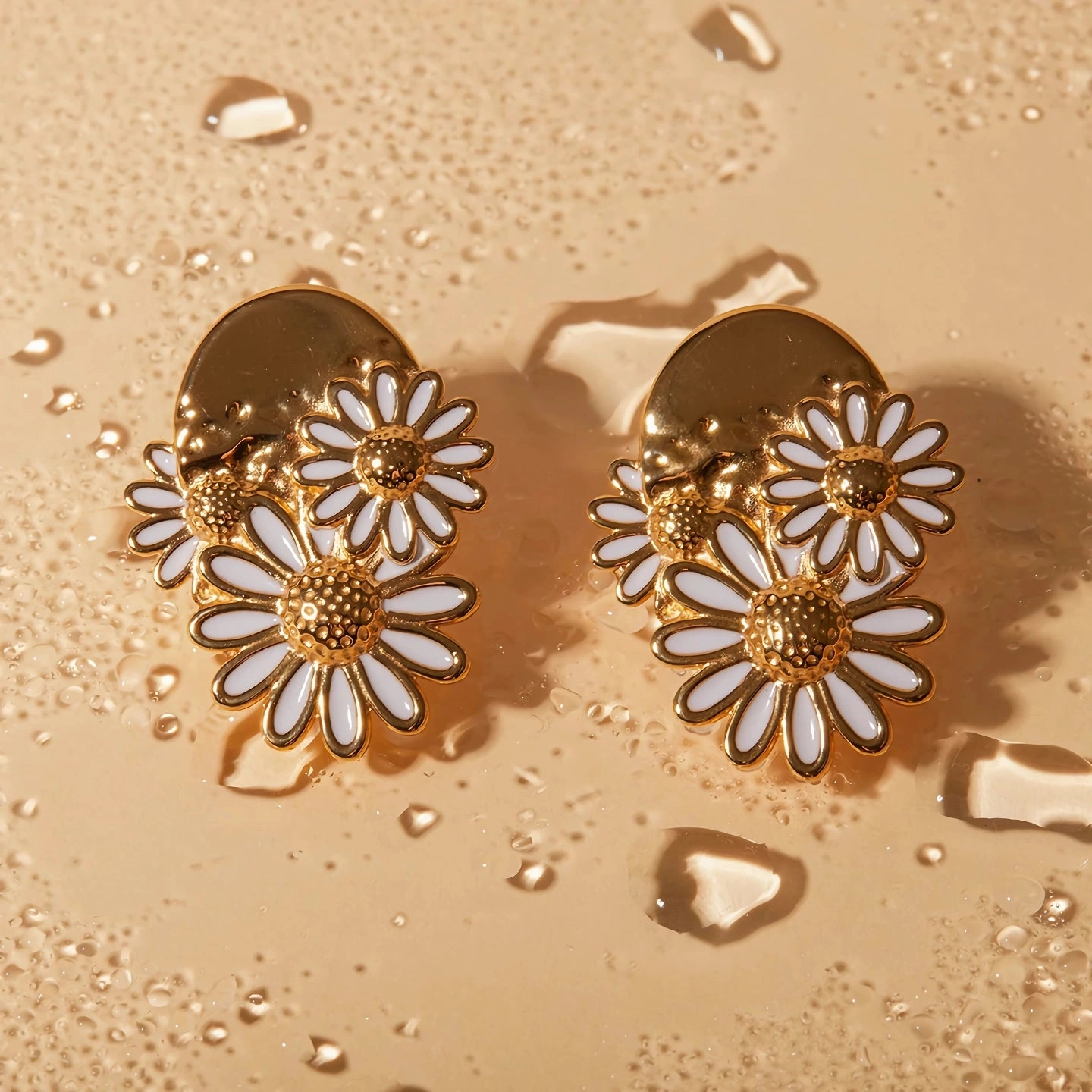 18K Gold Plated Daisy Stud Earrings in White Dripping Oil Finish 
